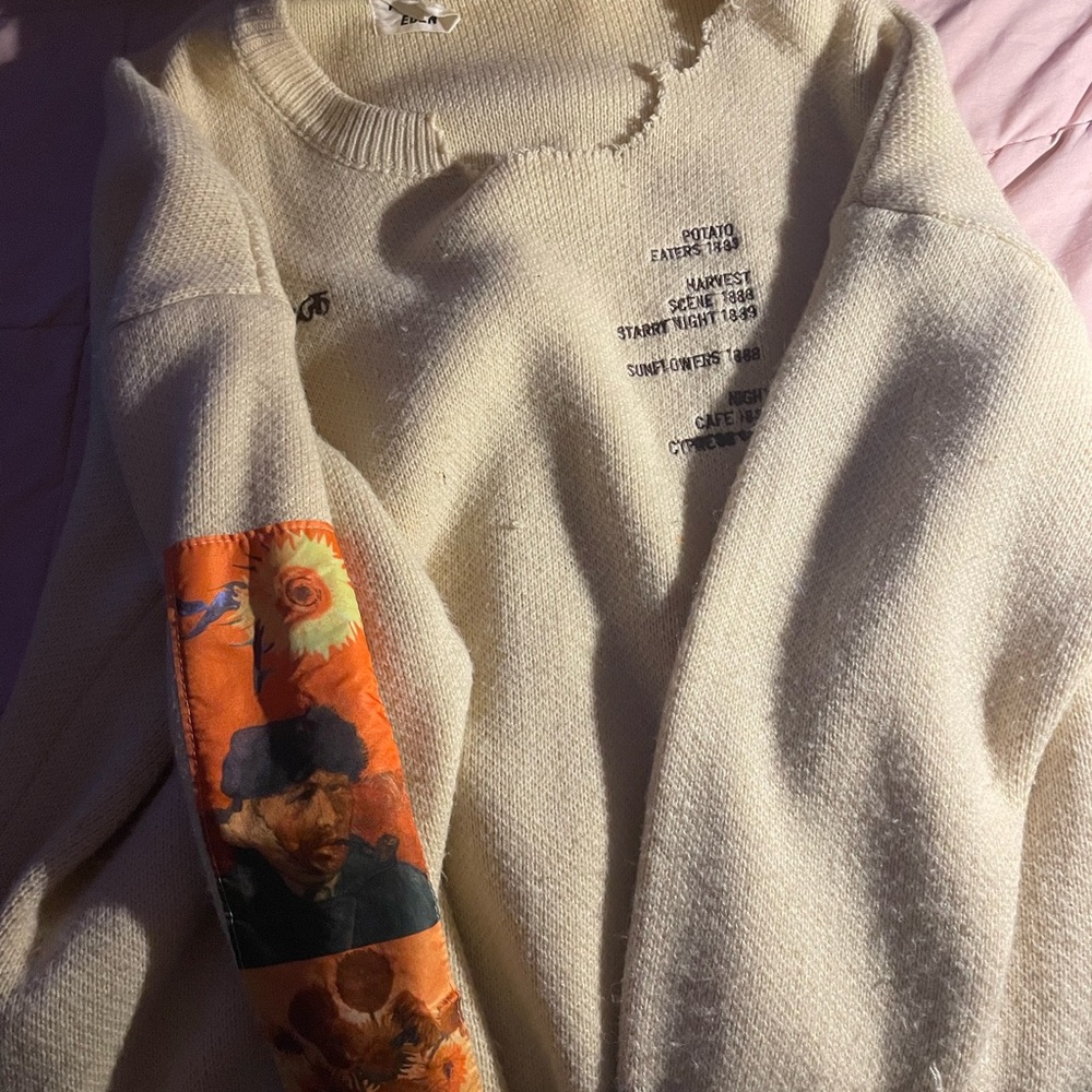 Cream Sweater with Artistic Sleeve Patch